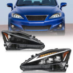 FIONE: For Lexus Is250 Headlights Assembly 2006-2012 IS250/IS250C IS350/IS350C IS220d, 2008-2014 ISF Projector with Amber LED DRL Start Up Animation Right Passenger & Left Driver Side