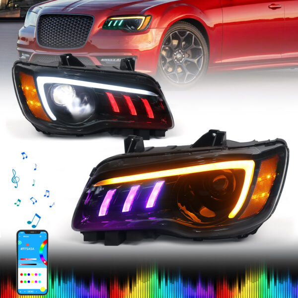 Projector Multicolor Headlights Assembly Compatible with Chrysler 300/300C 2011-2023 Headlamp RGB LED DRL Full LED Headlights with Black Bezel Left & Right (Fit Halogen Vehicle Only)