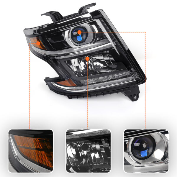 Headlight Compatible with Chevy Tahoe/Suburban 2015-2020 DRL Halogen Headlamp NOT HID Black Housing Replacement Right Passenger Side RH W/O Bulbs