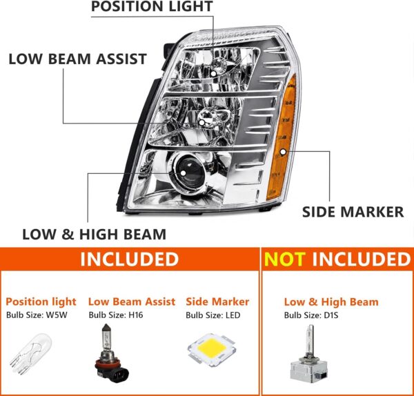 FIONE HID Headlights W/O Bulbs Compatible with Cadillac Escalade/ESV 2007-2014/2007-2013 EXT/Chrome Housing Xenon Headlamp 20806108 20806109