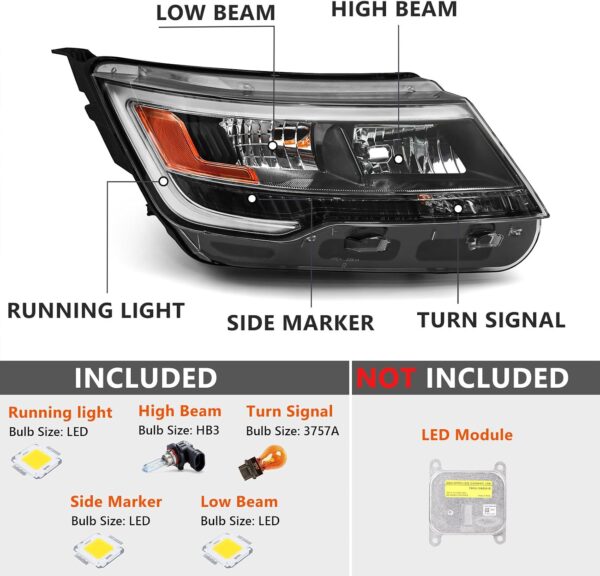 FIONE Headlight Assembly Compatible with Ford Explorer 2016 2017 2018 Pair [Halogen Model] Black Housing Replacement Headlamp W/LED DRL Left & Right Side FB5Z 13008 AD FB5Z 13008 AE