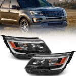 FIONE Headlight Assembly Compatible with Ford Explorer 2016 2017 2018 Pair [Halogen Model] Black Housing Replacement Headlamp W/LED DRL Left & Right Side FB5Z 13008 AD FB5Z 13008 AE