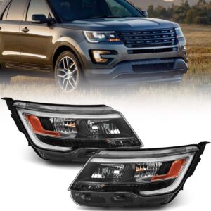 FIONE Headlight Assembly Compatible with Ford Explorer 2016 2017 2018 Pair [Halogen Model] Black Housing Replacement Headlamp W/LED DRL Left & Right Side FB5Z 13008 AD FB5Z 13008 AE