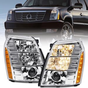 FIONE HID Headlights W/O Bulbs Compatible with Cadillac Escalade/ESV 2007-2014/2007-2013 EXT/Chrome Housing Xenon Headlamp 20806108 20806109